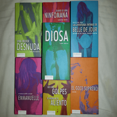 Emmanuelle - Emmanuelle Arsan  Diosa - Juan Abreu  Los cien golpes / el aroma de tu aliento - Melissa P  El goce Supremo - Sarah  Las aventuras íntimas de Belle de Jour - Belle de jour  Una mujer desnuda - Lola Beccaria  Diario de una ninfómana - Valérie Tasso
