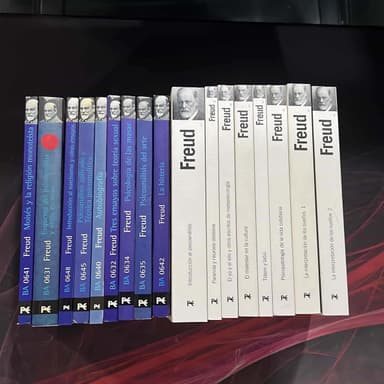 * Moisés y la religión monoteísta
* Esquema del psicoanálisis y otros escritos de doctrina psicoanalítica
* Introducción al narcisismo y otros ensayos
* Psicoanálisis aplicado y Técnica psicoanalítica 
* Autobiografía
* Tres ensayos sobre teoría sexual
* Psicología de las masas 
* Psicoanálisis del arte 
* La histeria
* Introducción al psicoanálisis 
* Paranoia y neurosis obsesiva
* El yo y el ello
* El malestar en la cultura
*Tótem y tabú
* Psicopatología de la vida cotidiana 
* Interpretación de los sueños tomo I y II. Lo