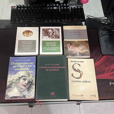 * Las 120 jornadas de sodoma
* Los infortunios de la virtud y el presidente burlado
* La filosofía en el tocador 
* Diálogo entre un sacerdote y un moribundo 
* Cuentos sádicos
* Justine o las desgracias de la virtud